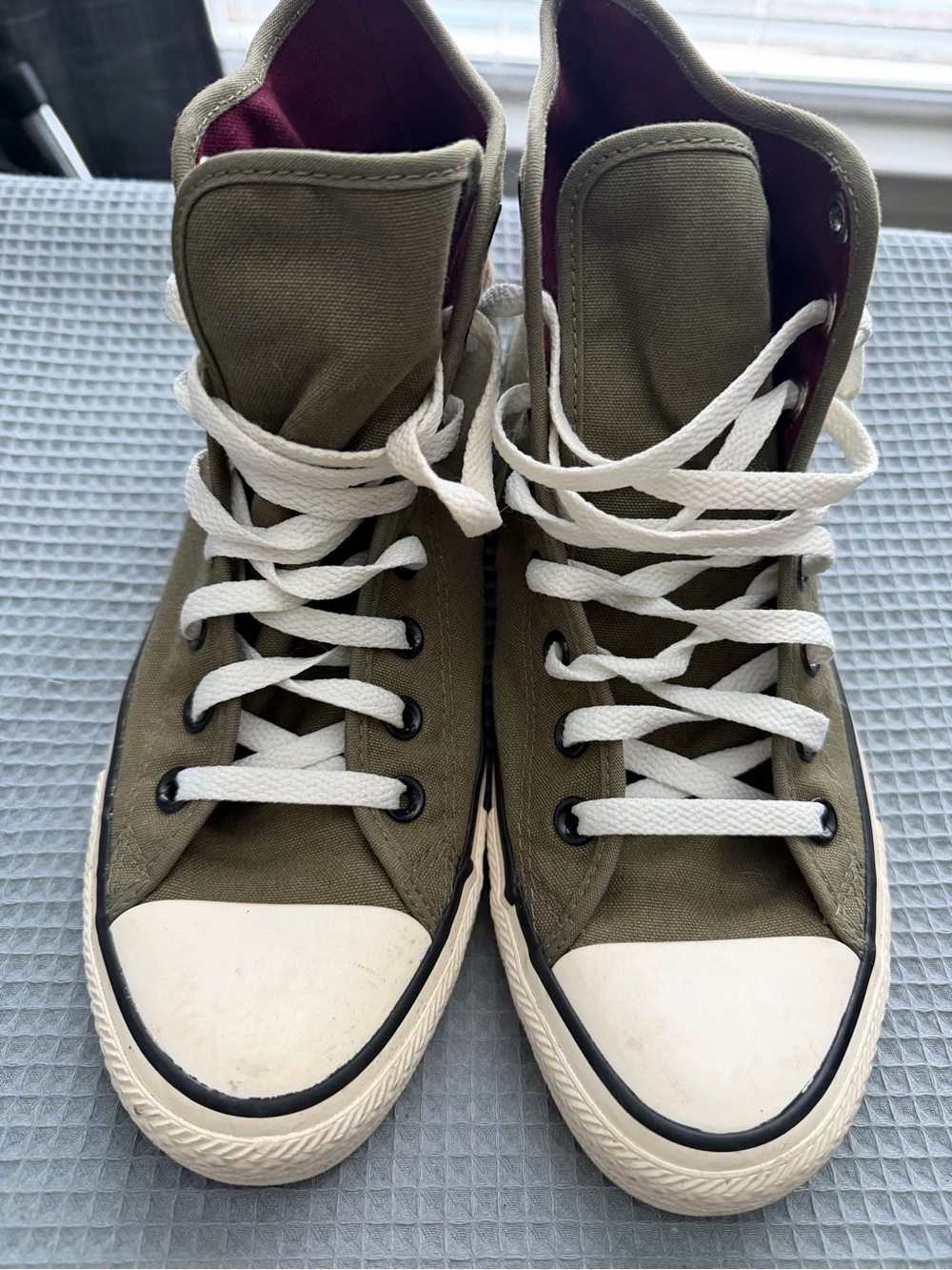Converse Olive Green High Top Sneakers with Burgundy Lining